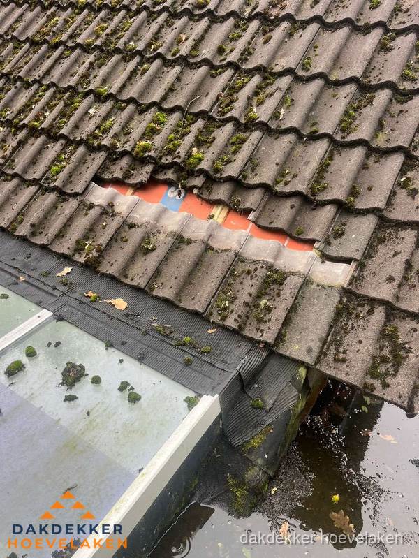 Beschadigd pannendak met ontbrekende dakpannen voor reparatie in Hoevelaken Beschadigd pannendak met ontbrekende dakpannen voor reparatie in Hoevelaken